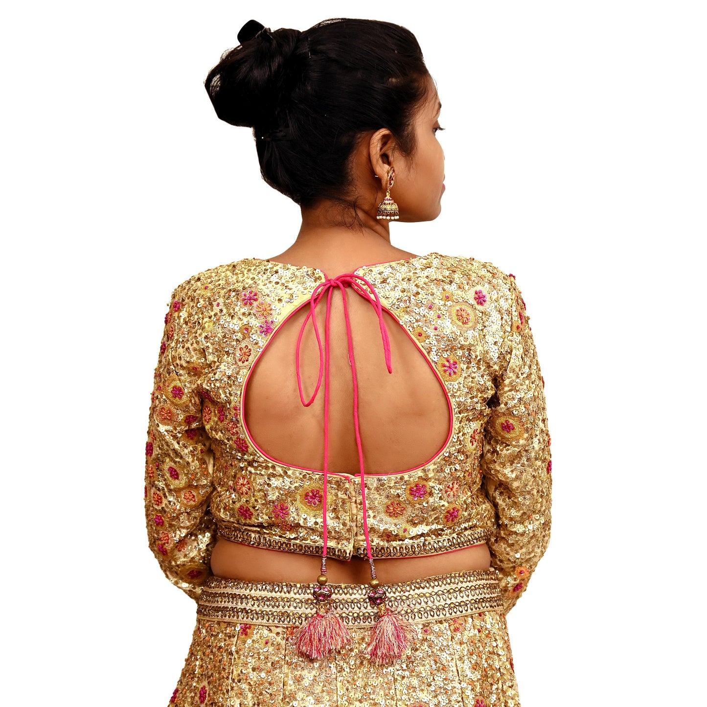 Indian Pre-owned Golden Pure Chanderi Silk Hand Embroidered By Designer Abu Jani Blouse/Top/Crop 34 M Size Party wear Bollywood