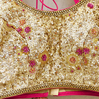 Indian Pre-owned Golden Pure Chanderi Silk Hand Embroidered By Designer Abu Jani Blouse/Top/Crop 34 M Size Party wear Bollywood