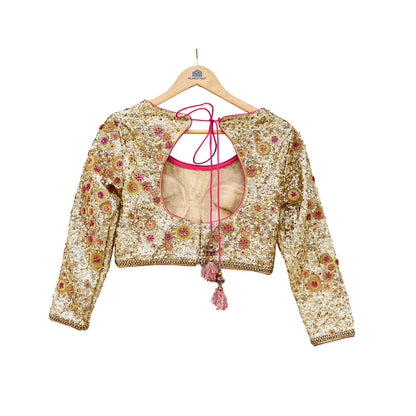 Indian Pre-owned Golden Pure Chanderi Silk Hand Embroidered By Designer Abu Jani Blouse/Top/Crop 34 M Size Party wear Bollywood