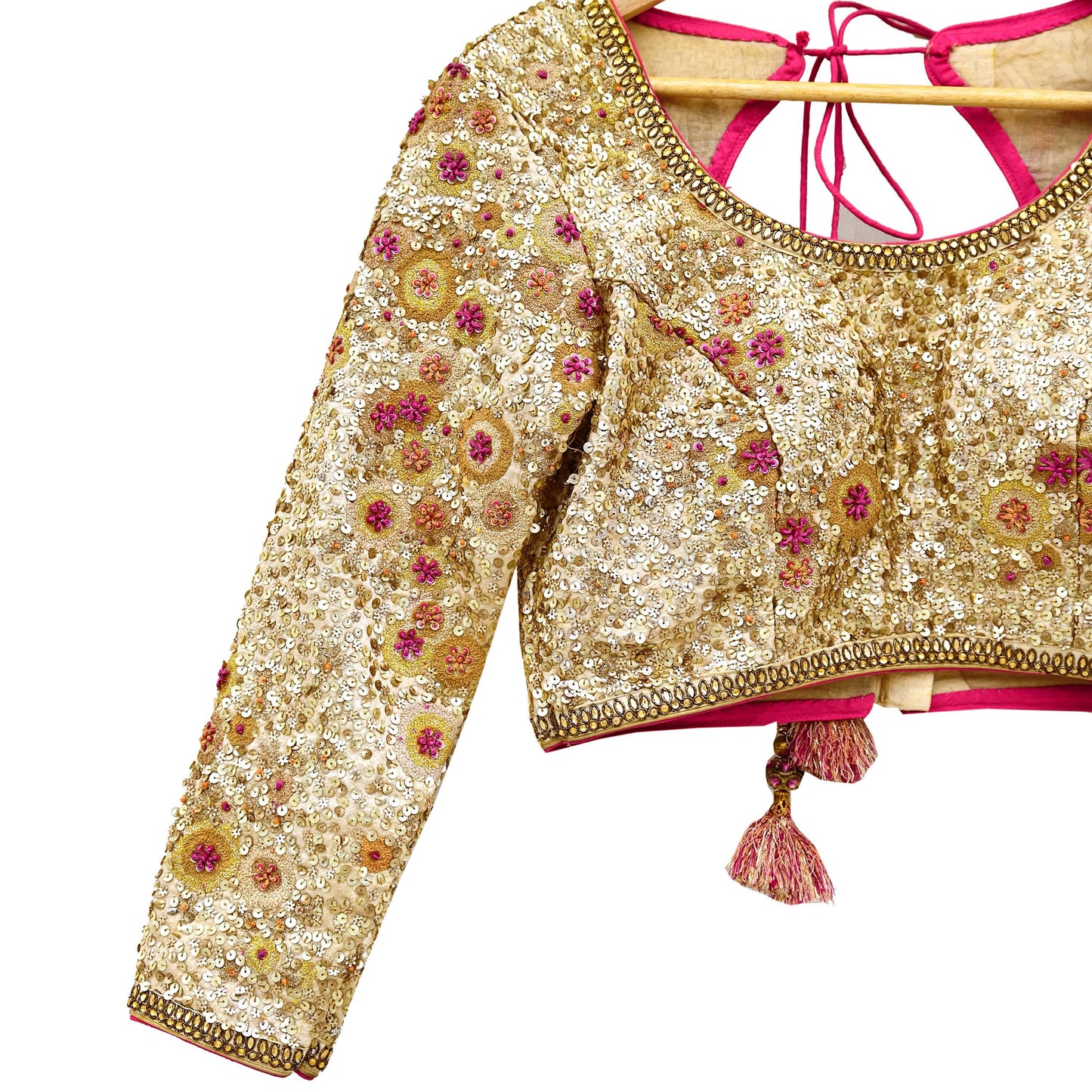 Indian Pre-owned Golden Pure Chanderi Silk Hand Embroidered By Designer Abu Jani Blouse/Top/Crop 34 M Size Party wear Bollywood