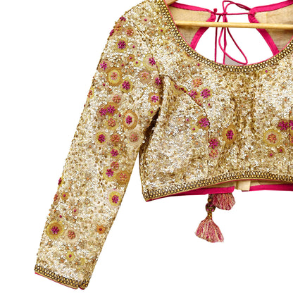 Indian Pre-owned Golden Pure Chanderi Silk Hand Embroidered By Designer Abu Jani Blouse/Top/Crop 34 M Size Party wear Bollywood