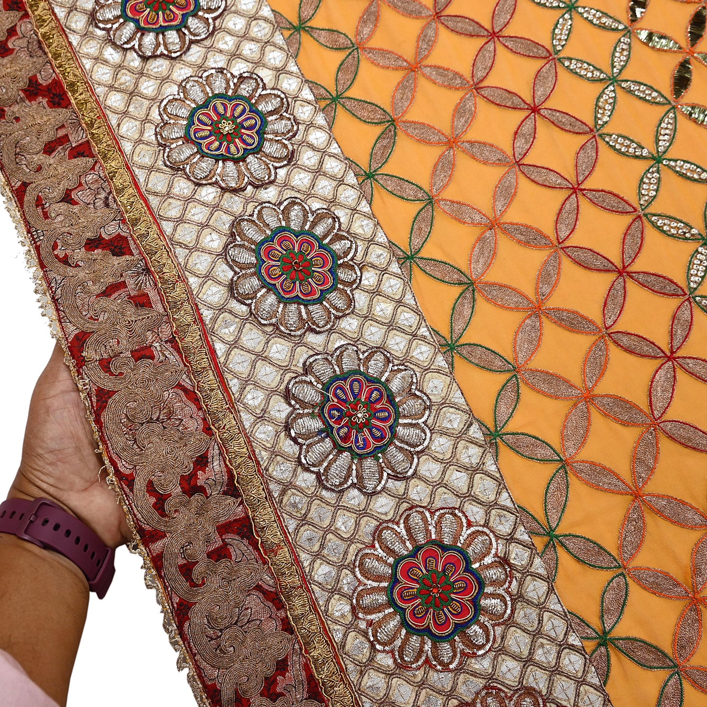 Indian Pre-Owned Heavy Hand Embroidered By Designer Anamika Khanna Dupatta Saffron Pure Georgette Silk  Wedding/Party