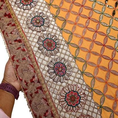 Indian Pre-Owned Heavy Hand Embroidered By Designer Anamika Khanna Dupatta Saffron Pure Georgette Silk  Wedding/Party