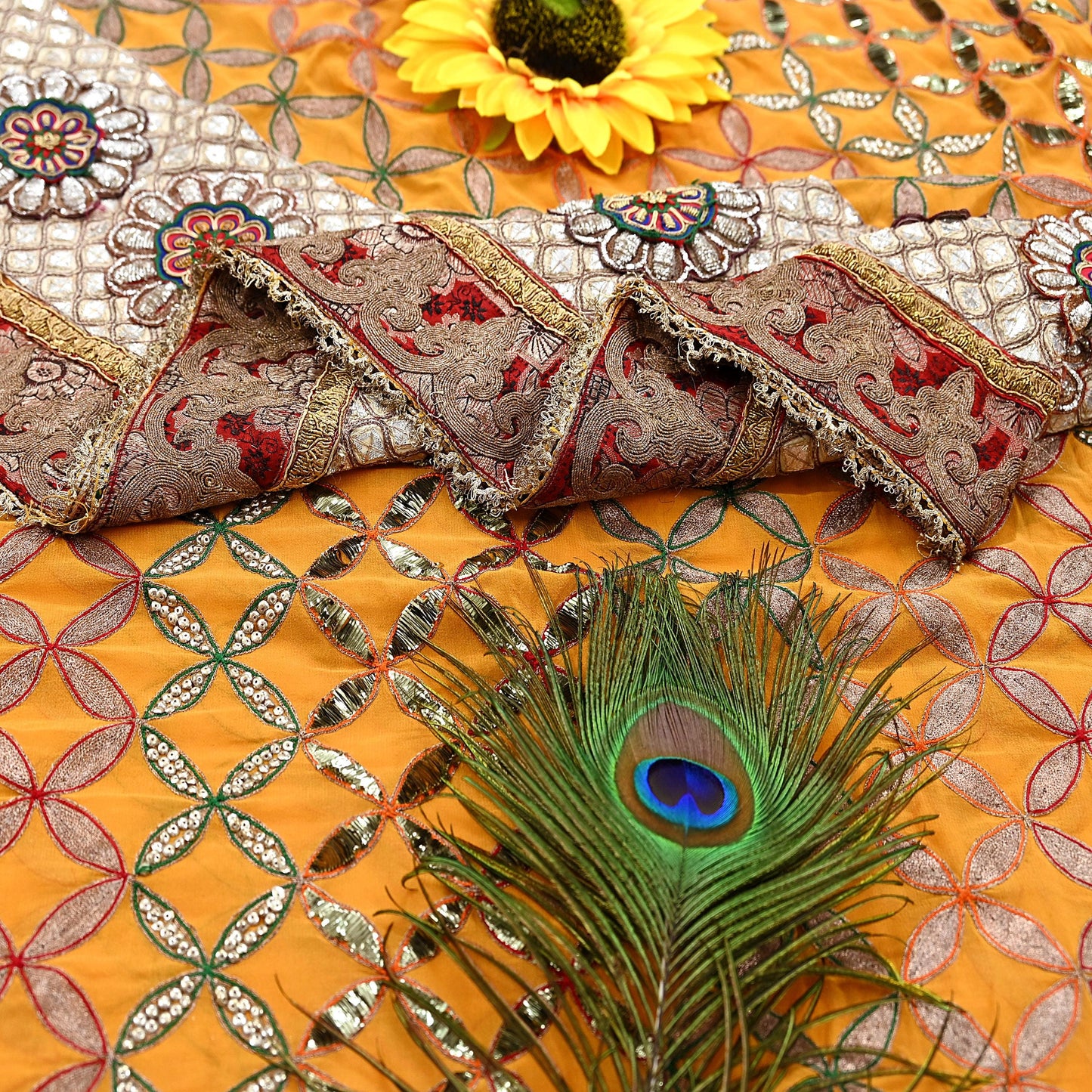 Indian Pre-Owned Heavy Hand Embroidered By Designer Anamika Khanna Dupatta Saffron Pure Georgette Silk  Wedding/Party