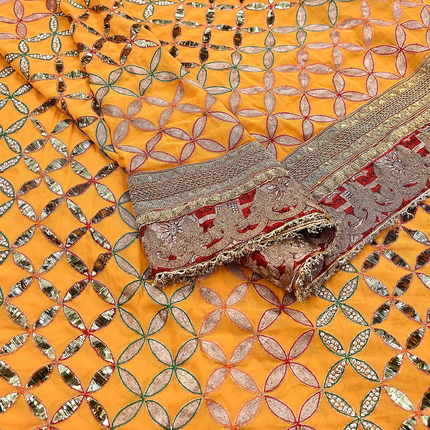Indian Pre-Owned Heavy Hand Embroidered By Designer Anamika Khanna Dupatta Saffron Pure Georgette Silk  Wedding/Party