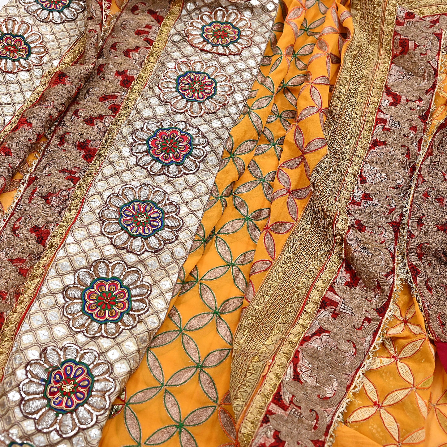 Indian Pre-Owned Heavy Hand Embroidered By Designer Anamika Khanna Dupatta Saffron Pure Georgette Silk  Wedding/Party