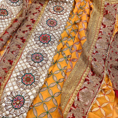 Indian Pre-Owned Heavy Hand Embroidered By Designer Anamika Khanna Dupatta Saffron Pure Georgette Silk  Wedding/Party