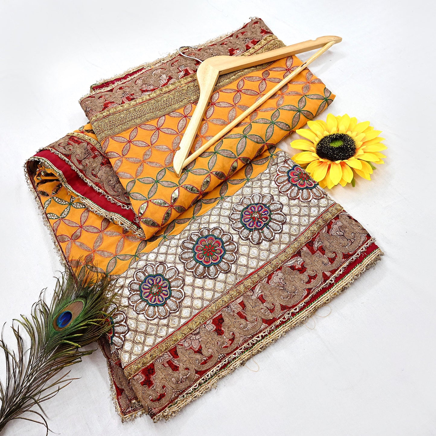 Indian Pre-Owned Heavy Hand Embroidered By Designer Anamika Khanna Dupatta Saffron Pure Georgette Silk  Wedding/Party