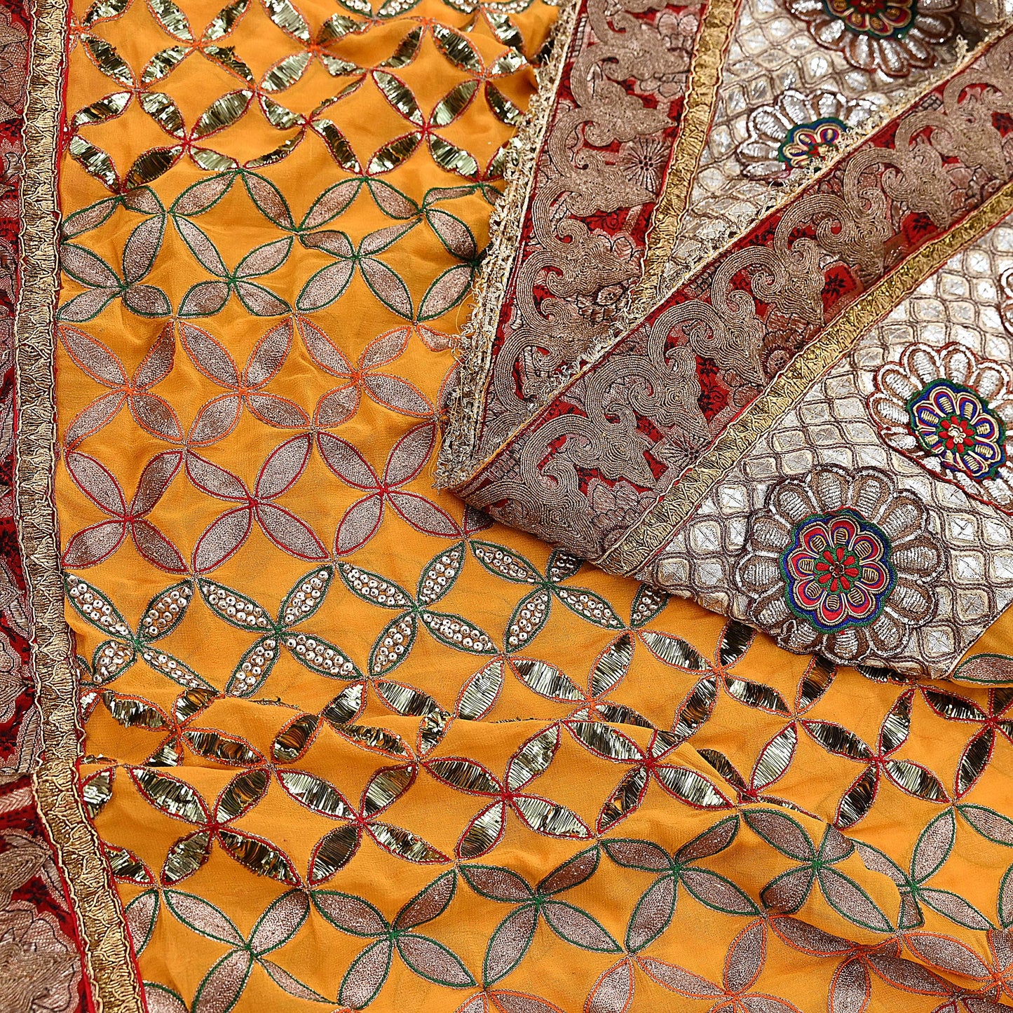 Indian Pre-Owned Heavy Hand Embroidered By Designer Anamika Khanna Dupatta Saffron Pure Georgette Silk  Wedding/Party