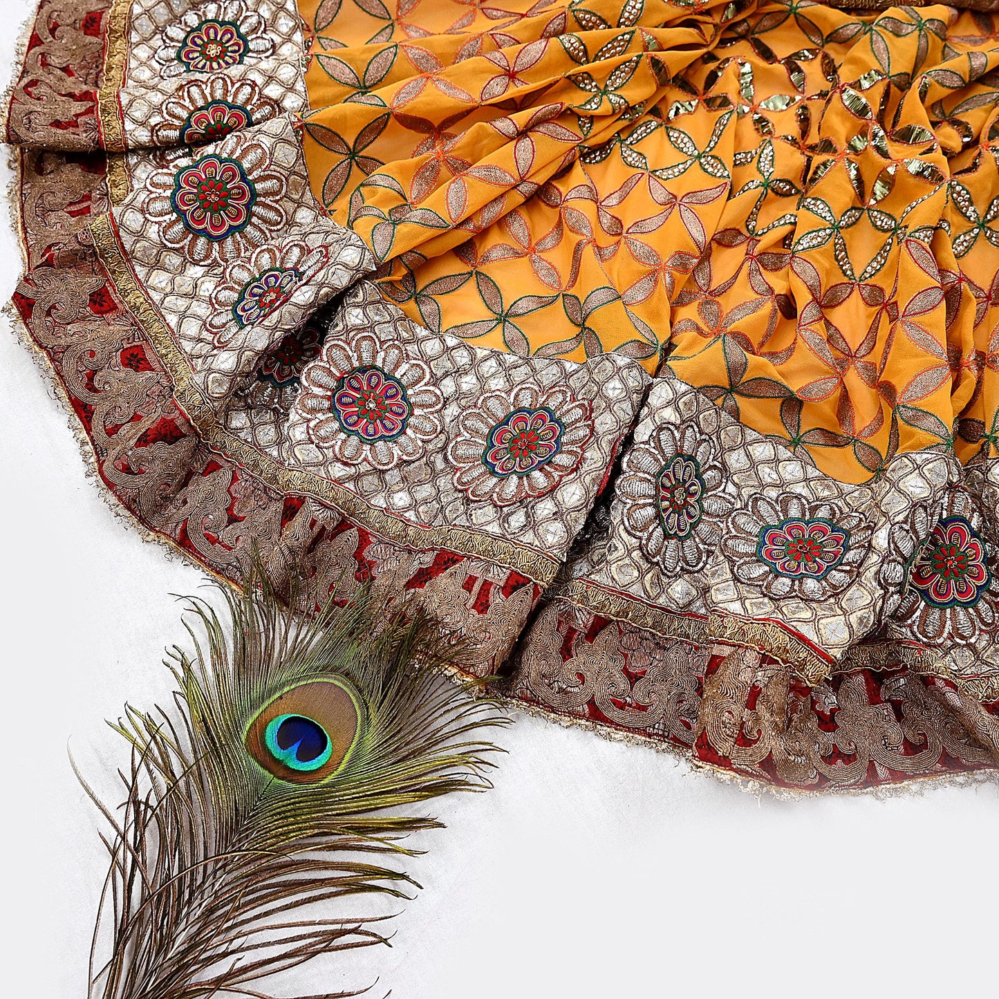 Indian Pre-Owned Heavy Hand Embroidered By Designer Anamika Khanna Dupatta Saffron Pure Georgette Silk  Wedding/Party