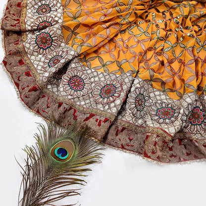 Indian Pre-Owned Heavy Hand Embroidered By Designer Anamika Khanna Dupatta Saffron Pure Georgette Silk  Wedding/Party