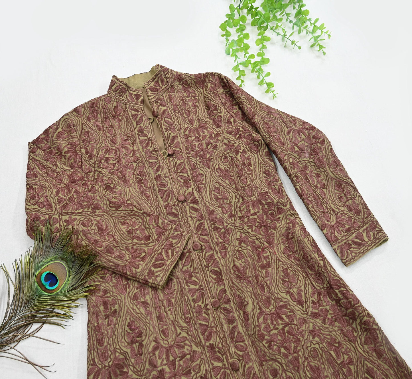 Indian Vintage Green Embroidered Kashmiri Coat, Aari Embroidery, Pure Woolen Coat, Boho Jacket For Both Women/Men Indian Coat