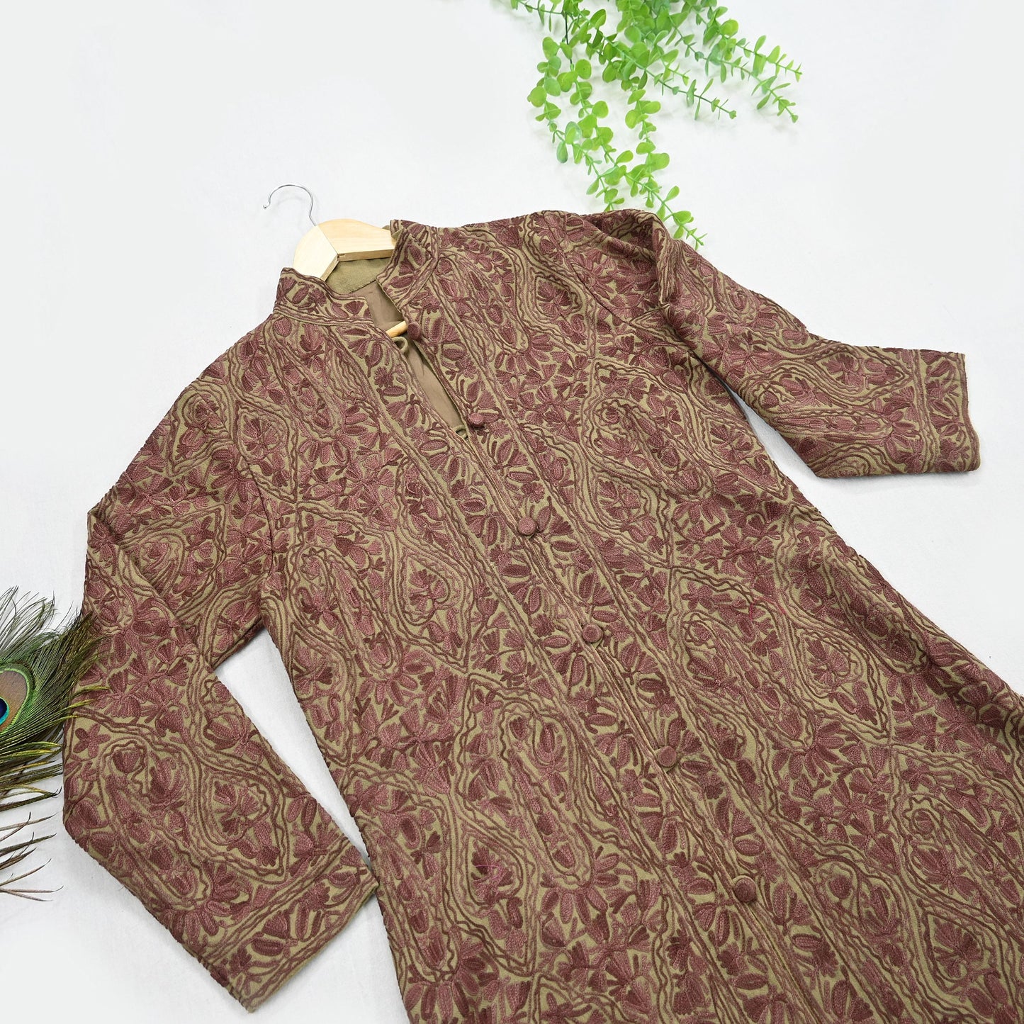 Indian Vintage Green Embroidered Kashmiri Coat, Aari Embroidery, Pure Woolen Coat, Boho Jacket For Both Women/Men Indian Coat