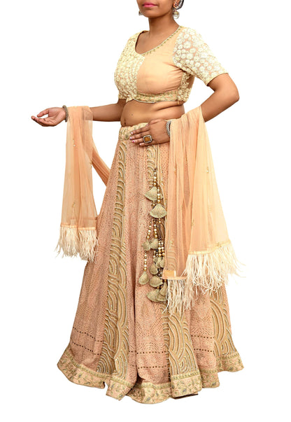 Indian Pre-owned Heavy Hand Embroidered Chikankari/Mukesh Lehenga/Dupatta/Choli 3pcs Set By Designer Abu Jani Pure Georgette Silk