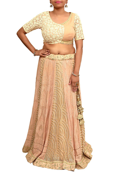 Indian Pre-owned Heavy Hand Embroidered Chikankari/Mukesh Lehenga/Dupatta/Choli 3pcs Set By Designer Abu Jani Pure Georgette Silk