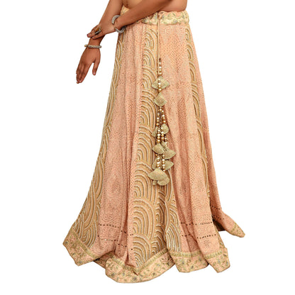 Indian Pre-owned Heavy Hand Embroidered Chikankari/Mukesh Lehenga/Dupatta/Choli 3pcs Set By Designer Abu Jani Pure Georgette Silk