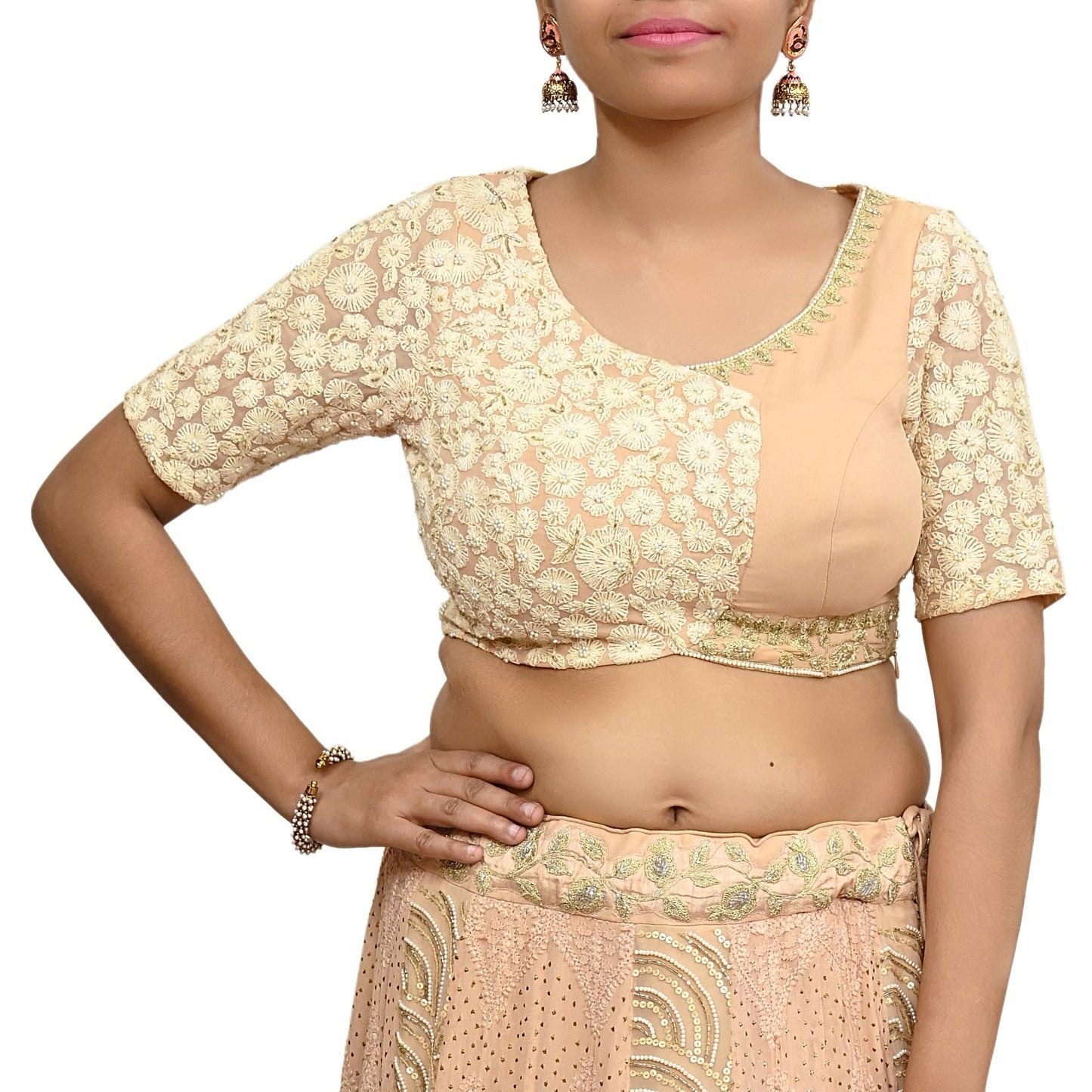 Indian Pre-owned Golden Pure Georgette Silk Hand Embroidered By Designer Abu Jani Blouse/Top/Crop Party wear Bollywood