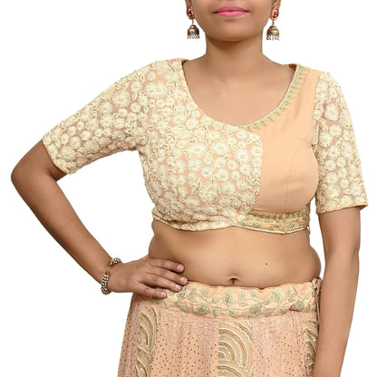 Indian Pre-owned Golden Pure Georgette Silk Hand Embroidered By Designer Abu Jani Blouse/Top/Crop Party wear Bollywood