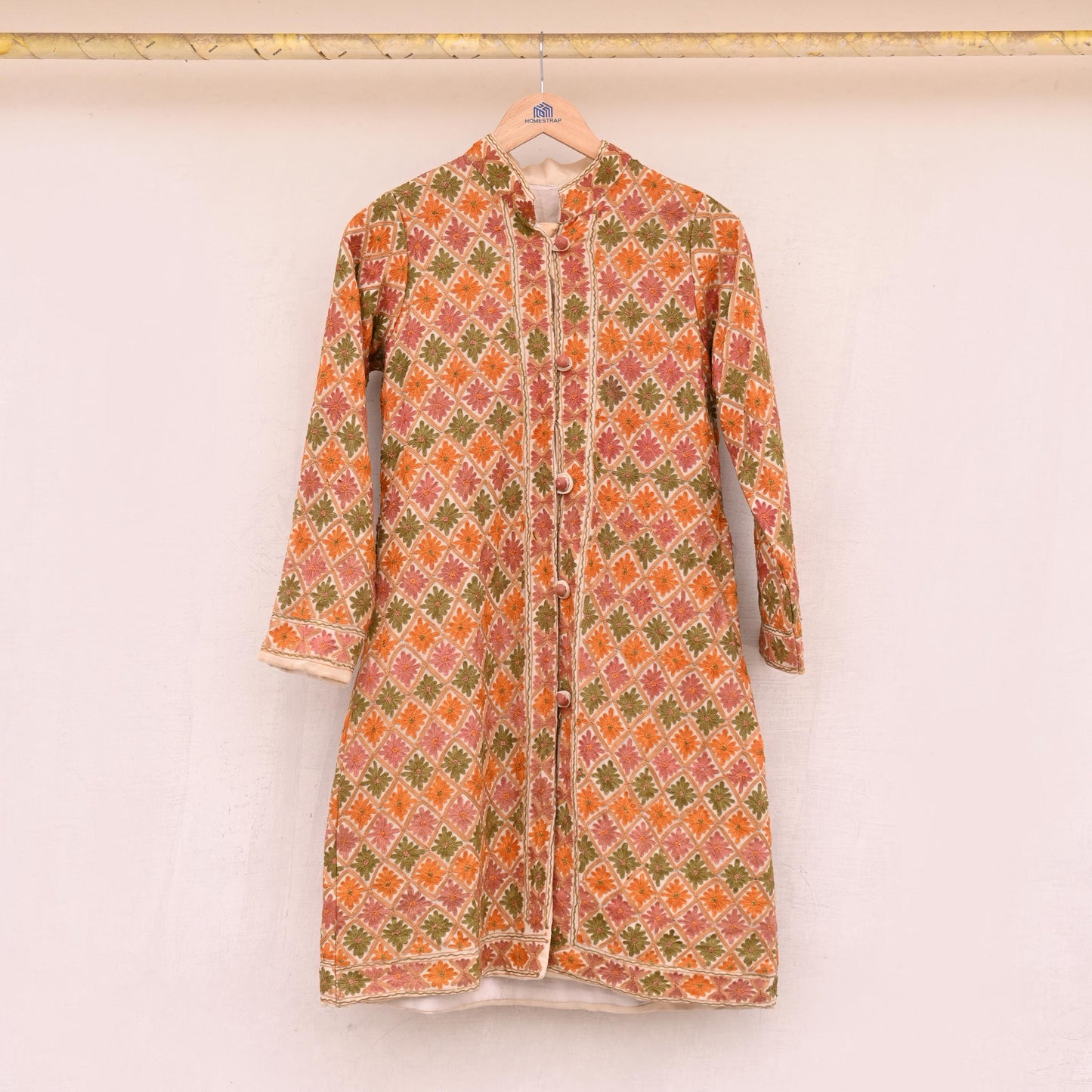 Indian Vintage Ivory Embroidered Kashmiri Coat, Aari Embroidery, Pure Woolen Coat, Boho Jacket For Both Women/Men Indian Coat