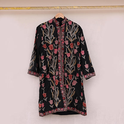 Indian Vintage Black Embroidered Kashmiri Coat, Aari Embroidery, Raw Silk Coat, Boho Jacket For Both Women/Men Indian Coat