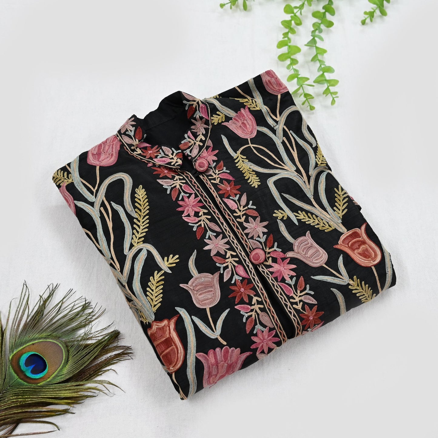 Indian Vintage Black Embroidered Kashmiri Coat, Aari Embroidery, Raw Silk Coat, Boho Jacket For Both Women/Men Indian Coat