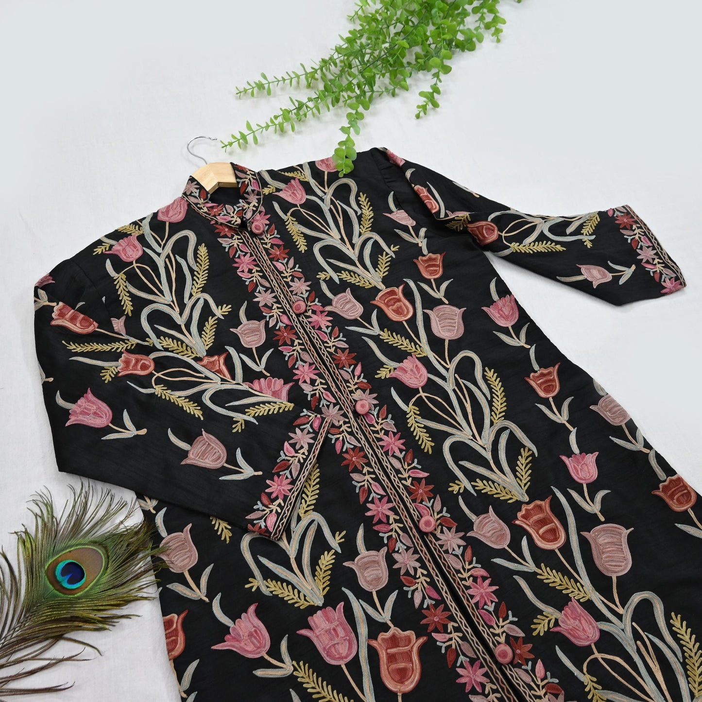 Indian Vintage Black Embroidered Kashmiri Coat, Aari Embroidery, Raw Silk Coat, Boho Jacket For Both Women/Men Indian Coat