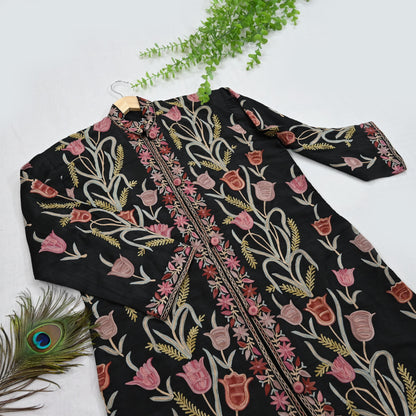 Indian Vintage Black Embroidered Kashmiri Coat, Aari Embroidery, Raw Silk Coat, Boho Jacket For Both Women/Men Indian Coat