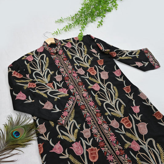 Indian Vintage Black Embroidered Kashmiri Coat, Aari Embroidery, Raw Silk Coat, Boho Jacket For Both Women/Men Indian Coat