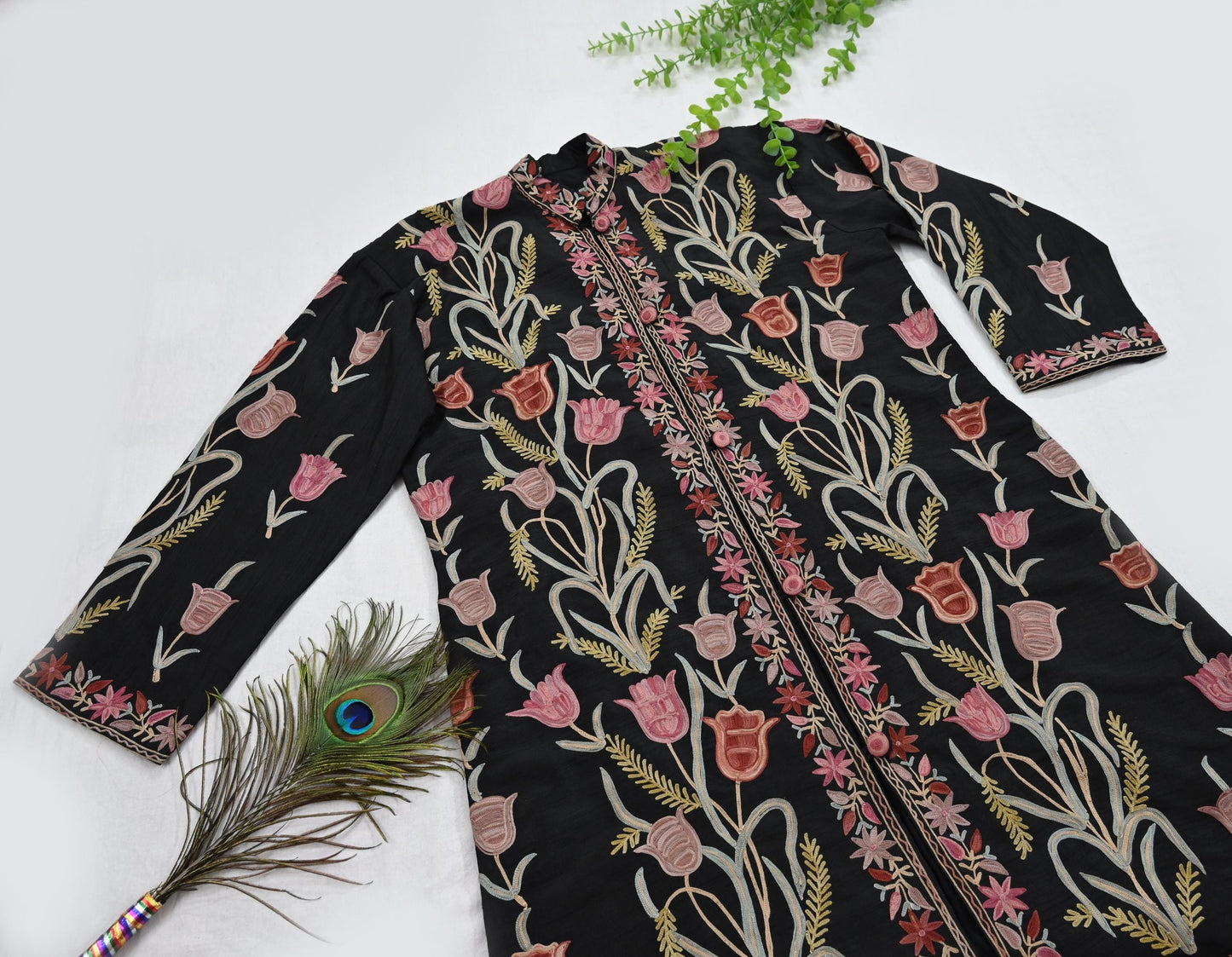 Indian Vintage Black Embroidered Kashmiri Coat, Aari Embroidery, Raw Silk Coat, Boho Jacket For Both Women/Men Indian Coat