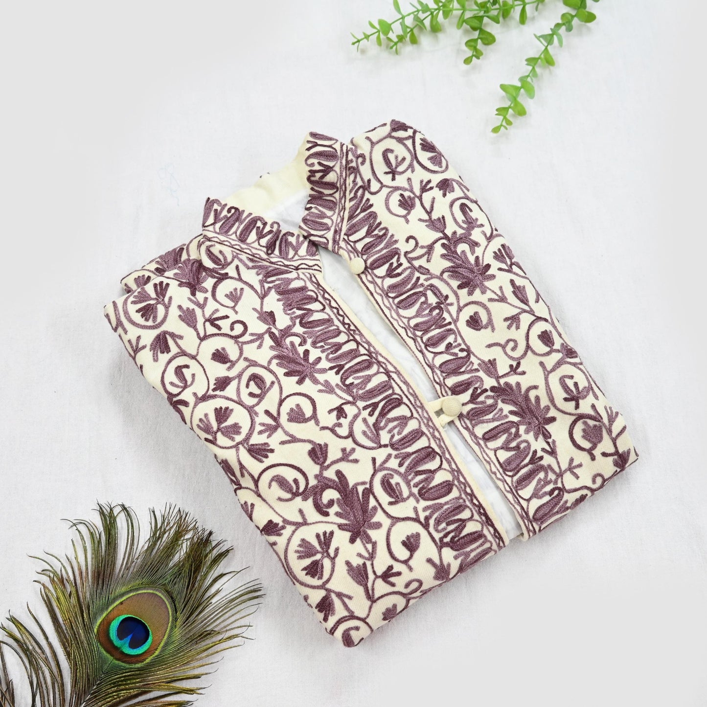 Indian Vintage Ivory Embroidered Kashmiri Coat, Aari Embroidery, Pure Woolen Coat, Boho Jacket For Both Women/Men Indian Coat