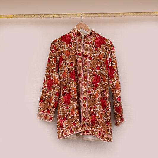 Indian Vintage Ivory Embroidered Kashmiri Coat, Aari Embroidery, Pure Woolen Coat, Boho Jacket For Both Women/Men Indian Coat