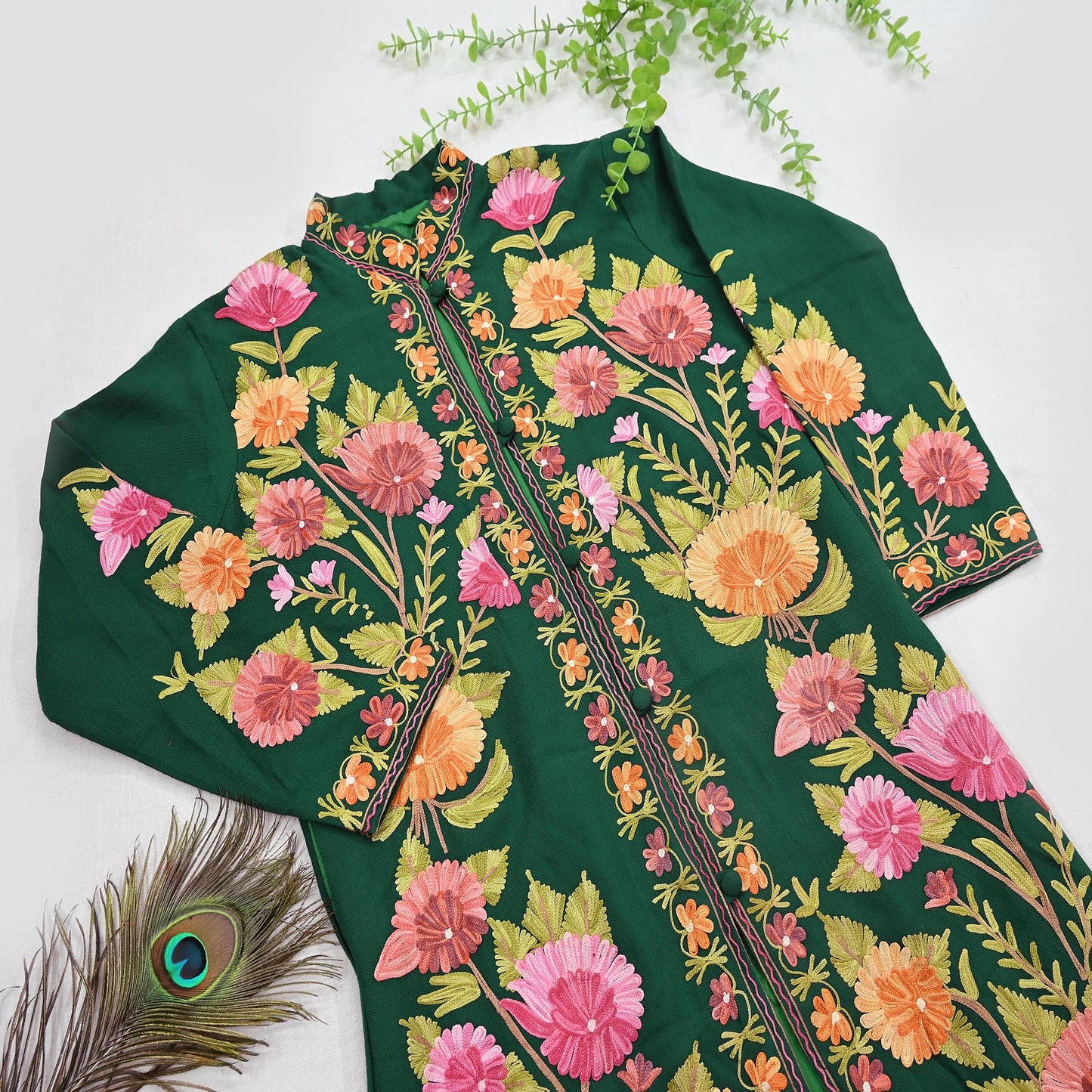 Indian Vintage Bottle Green Embroidered Kashmiri Coat, Aari Embroidery, Pure Woolen Coat, Boho Jacket For Both Women/Men Indian Coat