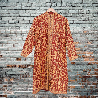 Indian Vintage Maroon Embroidered Kashmiri Coat, Aari Embroidery, Raw Silk Coat, Boho Jacket For Both Women/Men Indian Coat