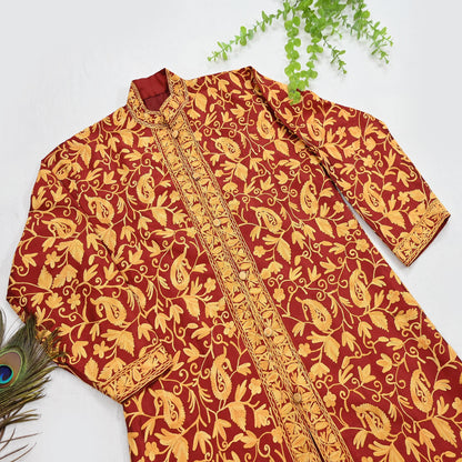 Indian Vintage Maroon Embroidered Kashmiri Coat, Aari Embroidery, Raw Silk Coat, Boho Jacket For Both Women/Men Indian Coat