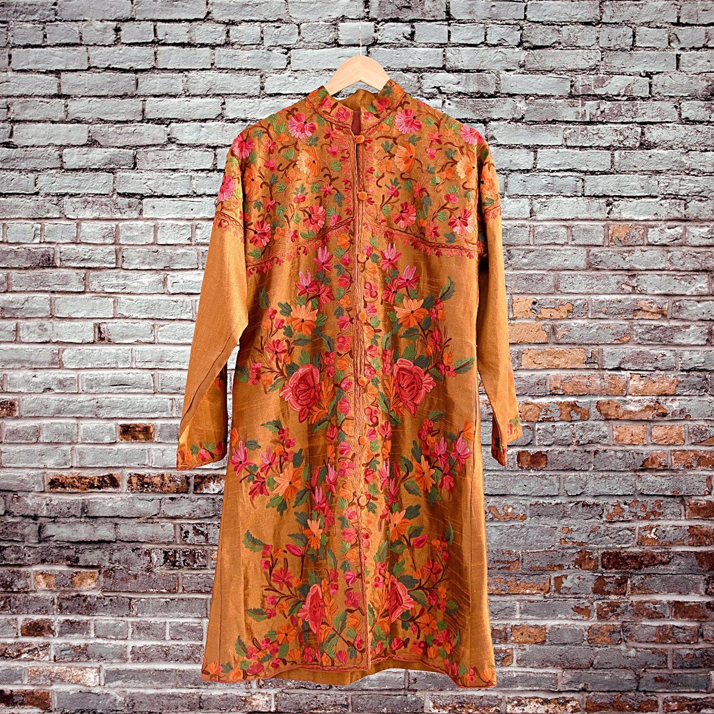 Indian Vintage Saffron Embroidered Kashmiri Coat, Aari Embroidery, Raw Silk Coat, Boho Jacket For Both Women/Men Indian Coat