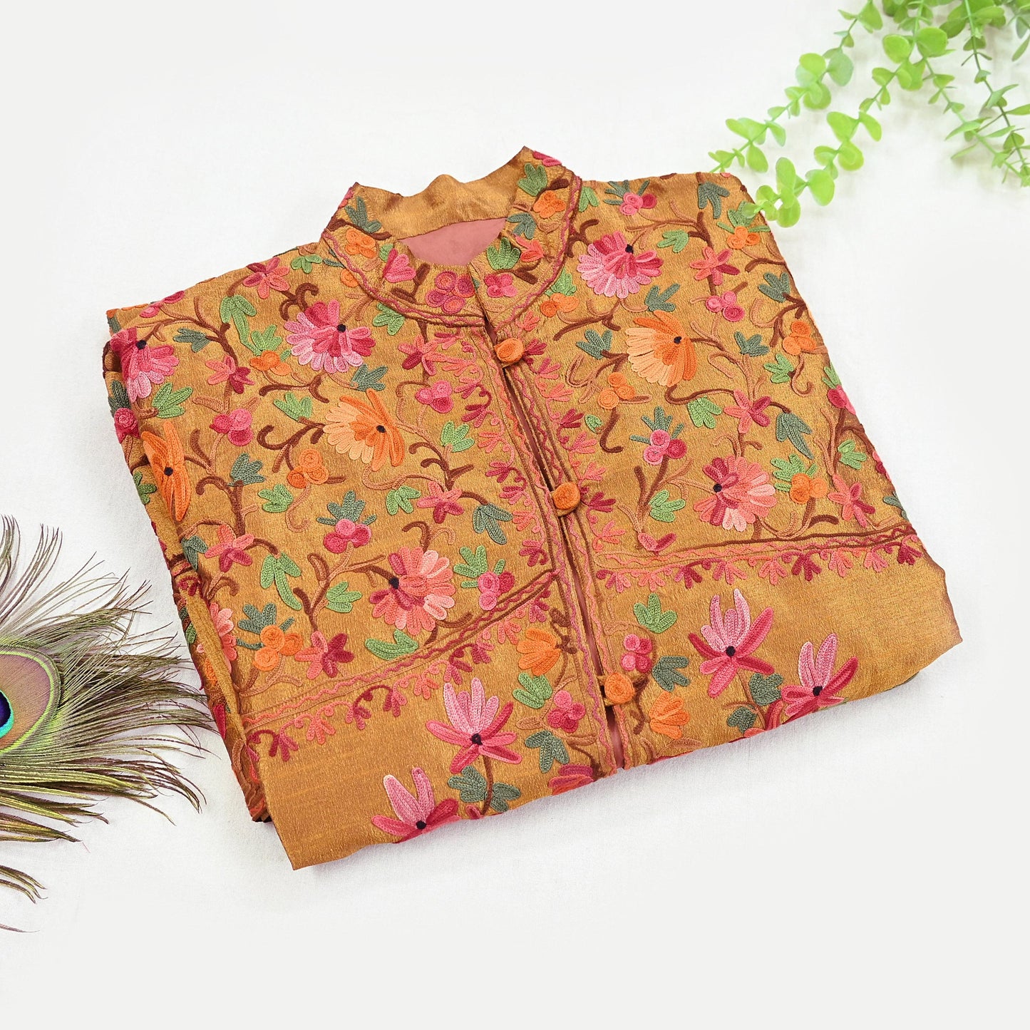 Indian Vintage Saffron Embroidered Kashmiri Coat, Aari Embroidery, Raw Silk Coat, Boho Jacket For Both Women/Men Indian Coat