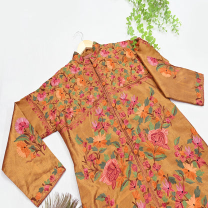 Indian Vintage Saffron Embroidered Kashmiri Coat, Aari Embroidery, Raw Silk Coat, Boho Jacket For Both Women/Men Indian Coat