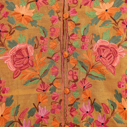 Indian Vintage Saffron Embroidered Kashmiri Coat, Aari Embroidery, Raw Silk Coat, Boho Jacket For Both Women/Men Indian Coat