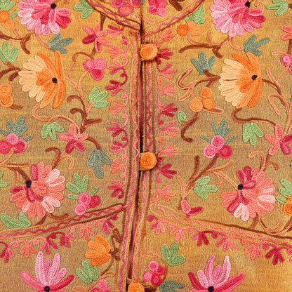 Indian Vintage Saffron Embroidered Kashmiri Coat, Aari Embroidery, Raw Silk Coat, Boho Jacket For Both Women/Men Indian Coat