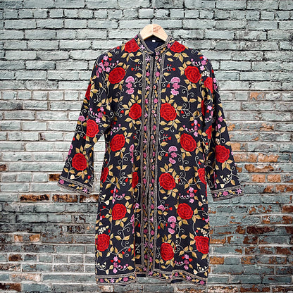 Indian Vintage Black Embroidered Kashmiri Coat, Aari Embroidery, Raw Silk Coat, Boho Jacket For Both Women/Men Indian Coat