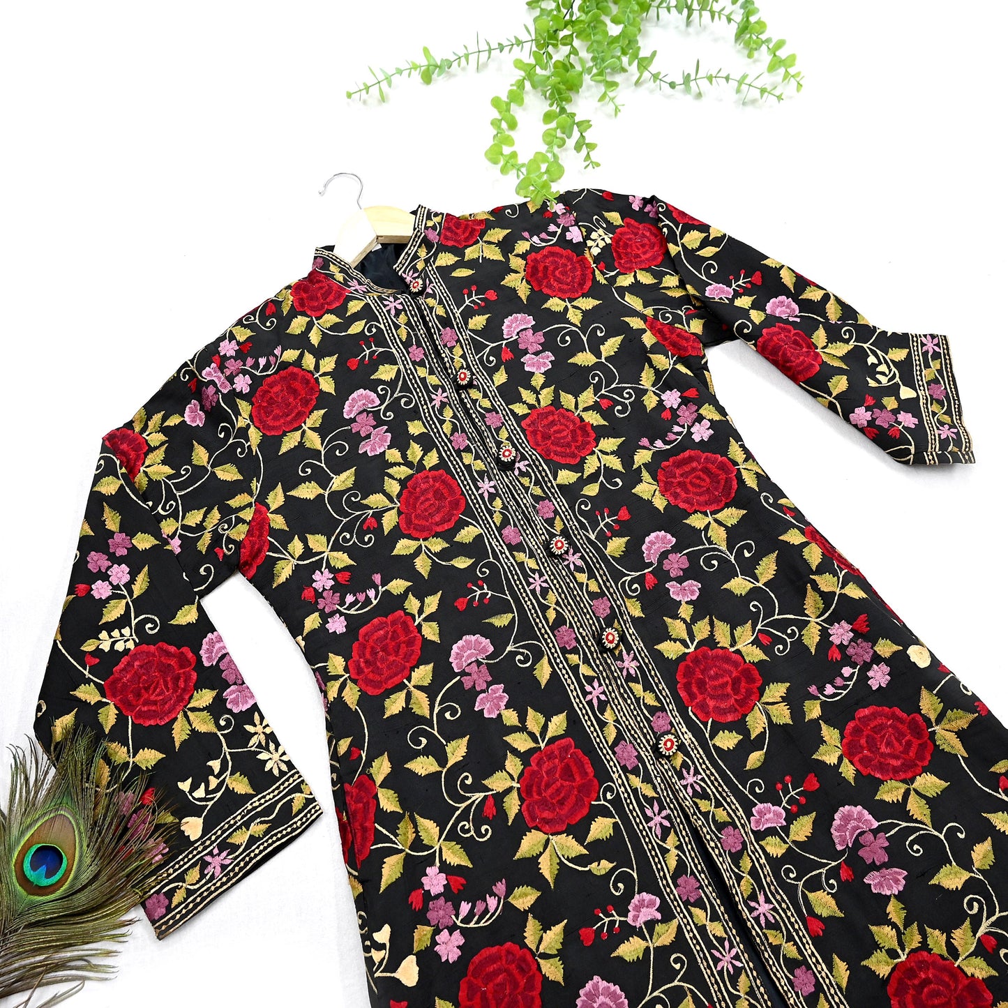 Indian Vintage Black Embroidered Kashmiri Coat, Aari Embroidery, Raw Silk Coat, Boho Jacket For Both Women/Men Indian Coat