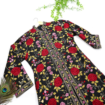 Indian Vintage Black Embroidered Kashmiri Coat, Aari Embroidery, Raw Silk Coat, Boho Jacket For Both Women/Men Indian Coat
