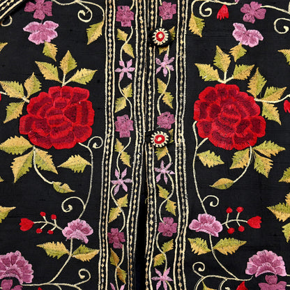 Indian Vintage Black Embroidered Kashmiri Coat, Aari Embroidery, Raw Silk Coat, Boho Jacket For Both Women/Men Indian Coat