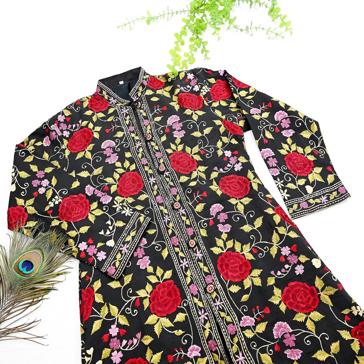 Indian Vintage Black Embroidered Kashmiri Coat, Aari Embroidery, Raw Silk Coat, Boho Jacket For Both Women/Men Indian Coat