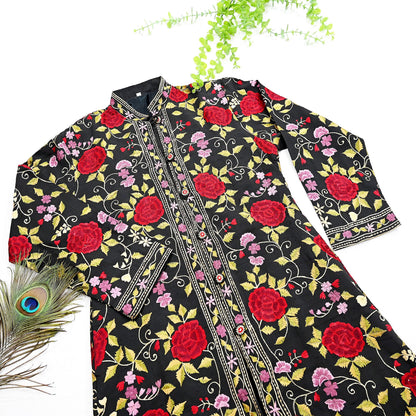 Indian Vintage Black Embroidered Kashmiri Coat, Aari Embroidery, Raw Silk Coat, Boho Jacket For Both Women/Men Indian Coat