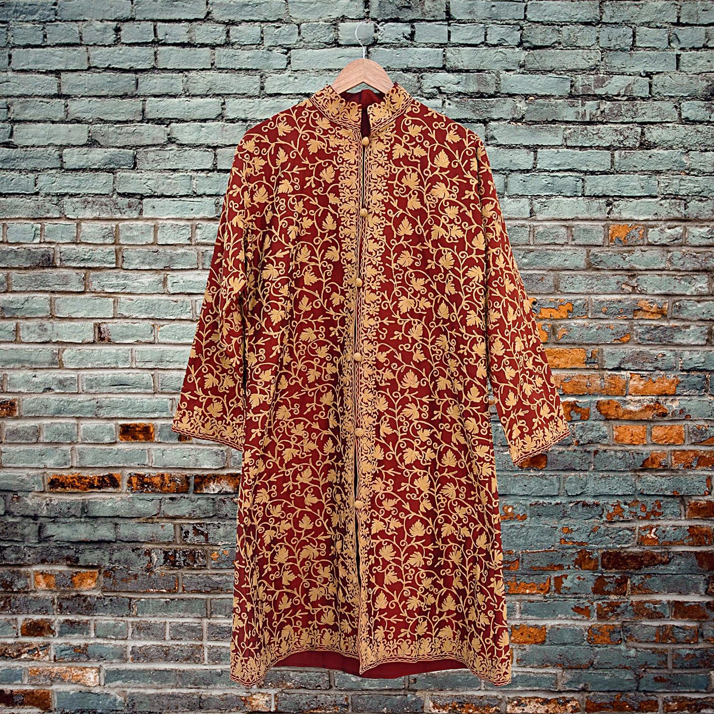 Indian Vintage Maroon Embroidered Kashmiri Coat, Aari Embroidery, Raw Silk Coat, Boho Jacket For Both Women/Men Indian Coat
