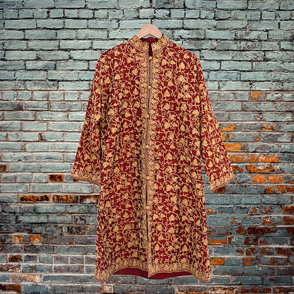 Indian Vintage Maroon Embroidered Kashmiri Coat, Aari Embroidery, Raw Silk Coat, Boho Jacket For Both Women/Men Indian Coat