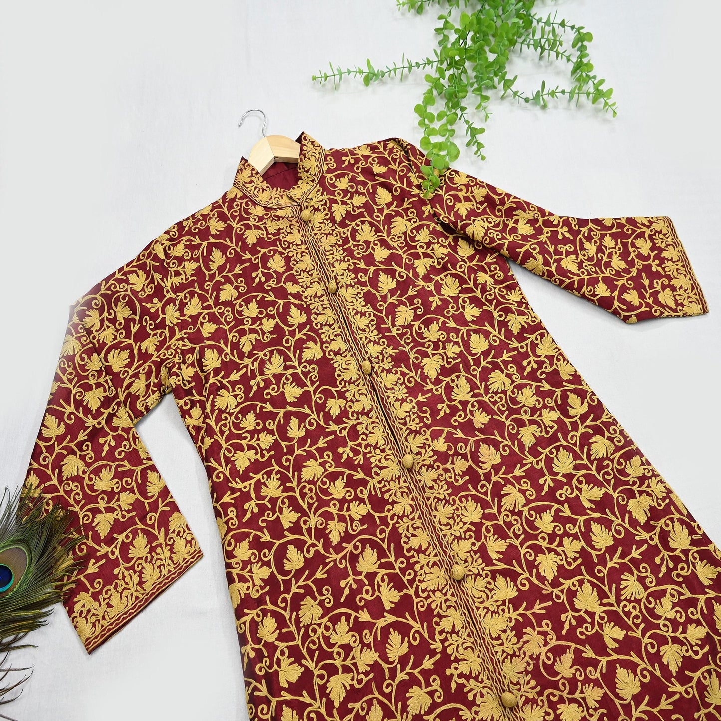 Indian Vintage Maroon Embroidered Kashmiri Coat, Aari Embroidery, Raw Silk Coat, Boho Jacket For Both Women/Men Indian Coat