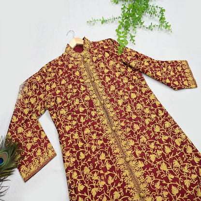 Indian Vintage Maroon Embroidered Kashmiri Coat, Aari Embroidery, Raw Silk Coat, Boho Jacket For Both Women/Men Indian Coat