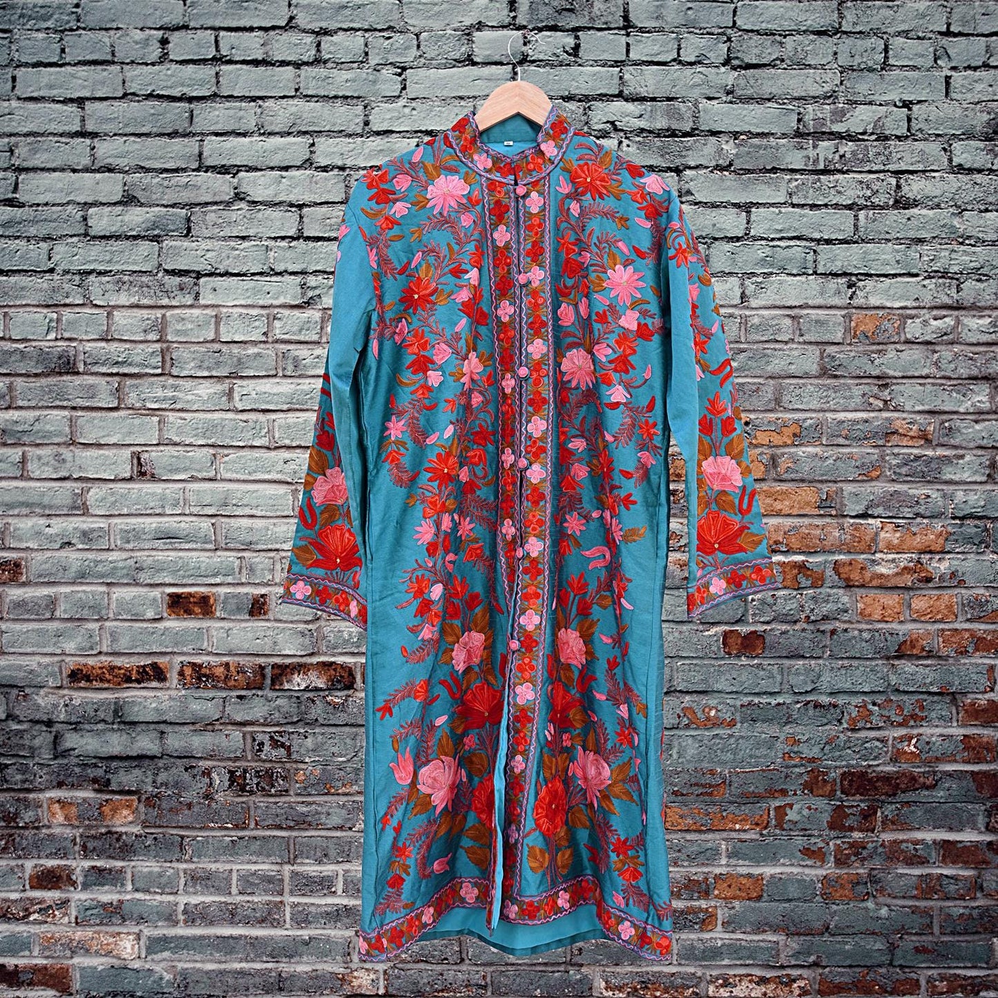 Indian Vintage Green Embroidered Kashmiri Coat, Aari Embroidery, Raw Silk Coat, Boho Jacket For Both Women/Men Indian Coat